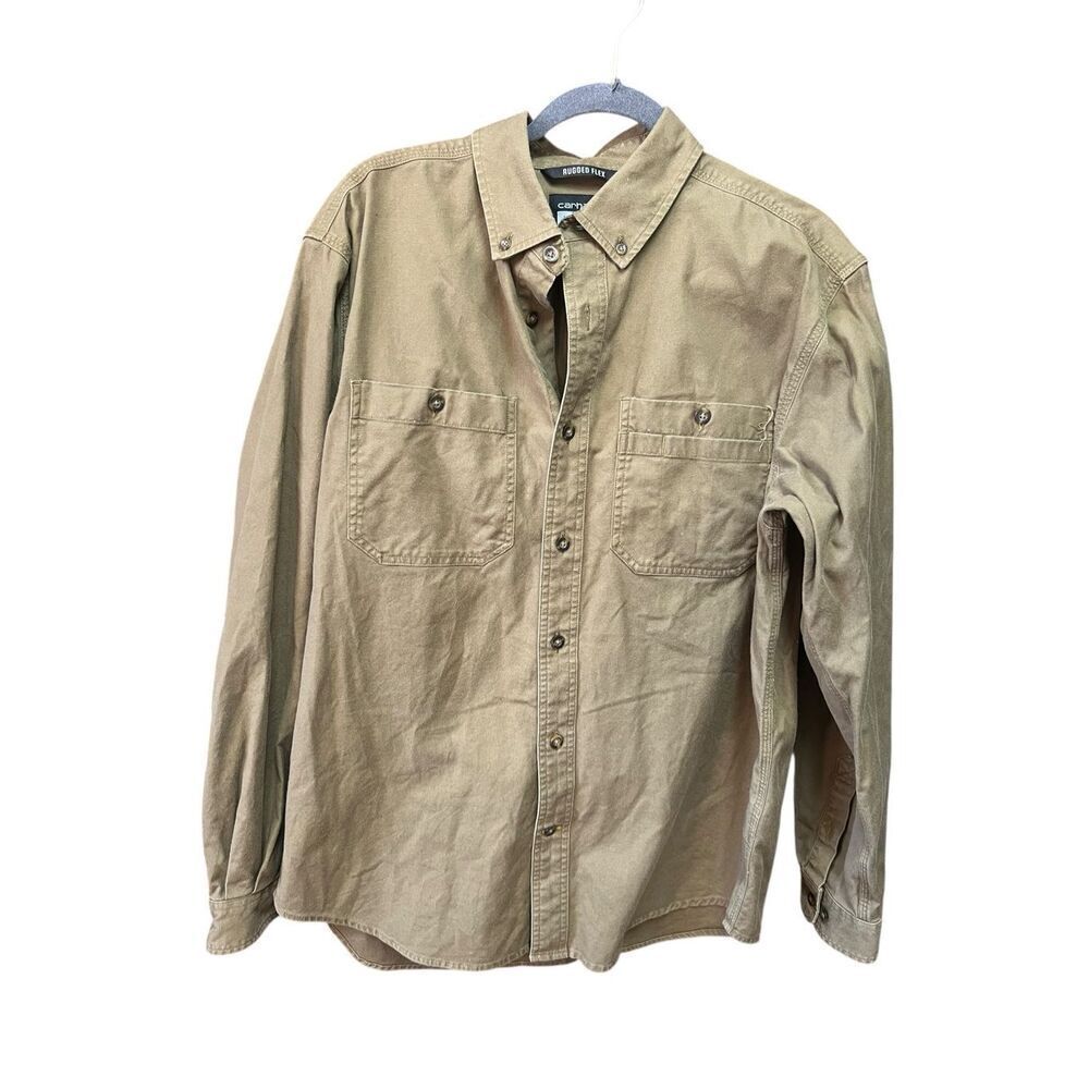 Carhartt rugged flex men’s Large army green canvus cotton button up shirt